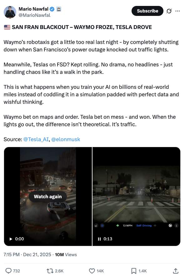 Waymo自动驾驶瘫痪，特斯拉技术胜出